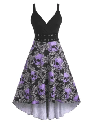 Halloween Skull Floral Grommets High Low Surplice Dress