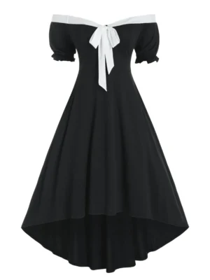 Plus Size Bicolor Off The Shoulder Puff Sleeve Dress