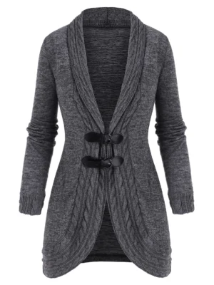 Shawl Collar Buckled Cable Knit Heathered Cardigan