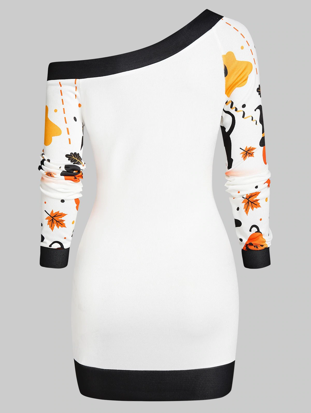 Halloween Pumpkin Castle Print Skew Neck Bodycon Dress