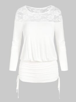 Flower Lace Insert Cinched Blouson T-shirt