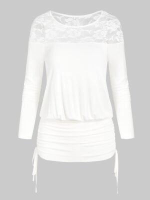 Flower Lace Insert Cinched Blouson T-shirt