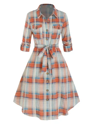 Plus Size Plaid Rolled Up Sleeve Belted Shirt Dress