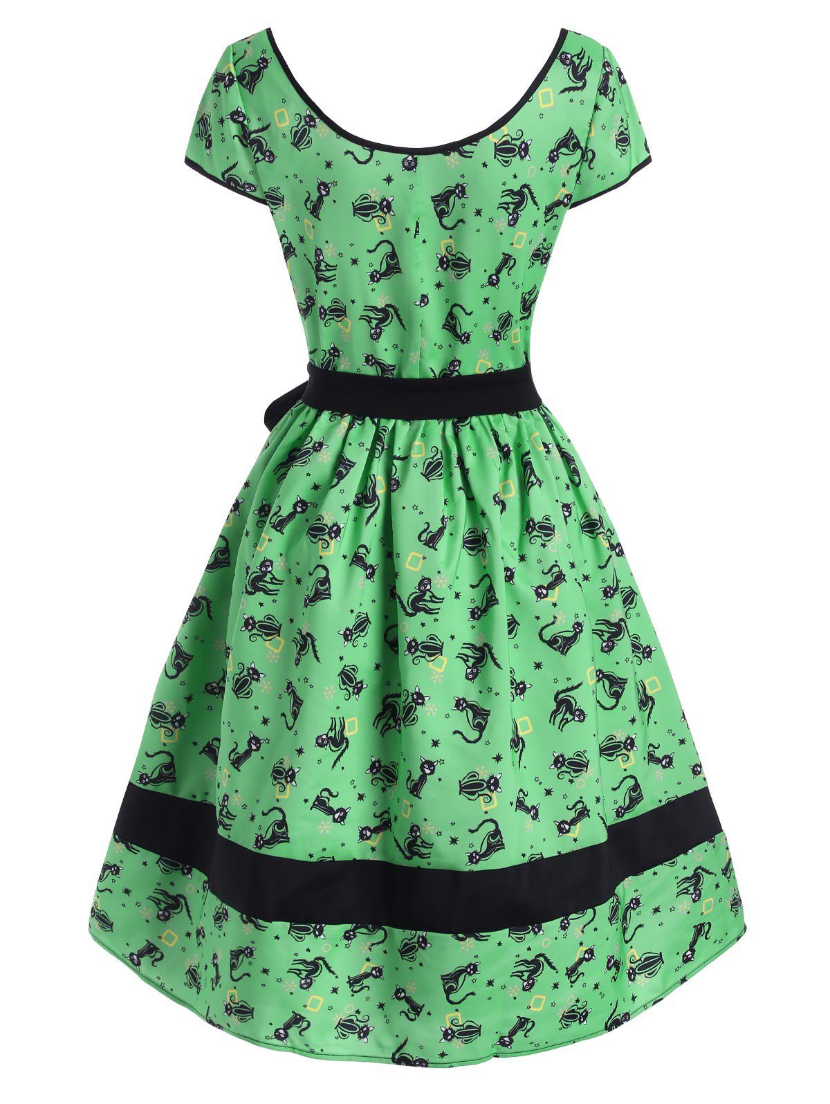 Cat Snowflake Star Print Belted Cap Sleeve Dress
