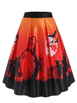 Halloween Moon Bat Print Midi Skirt