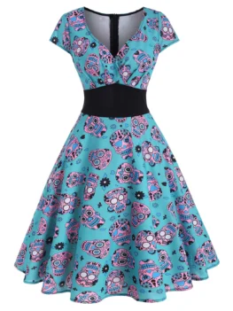 Halloween Skull Flower Cap Sleeve Surplice Dress