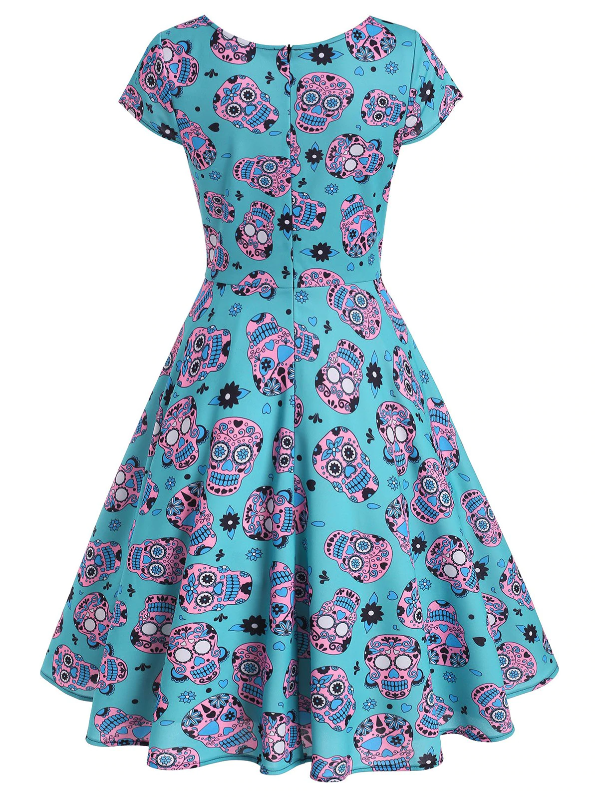 Halloween Skull Flower Cap Sleeve Surplice Dress