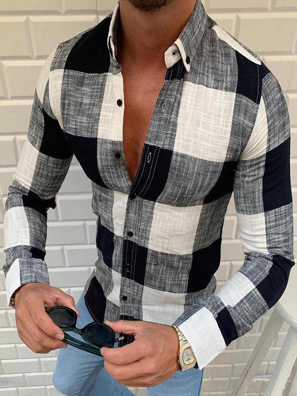 Gingham Plaid Print Button Down Casual Shirt
