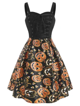 Halloween Pumpkin Lace Up Sweetheart Dress