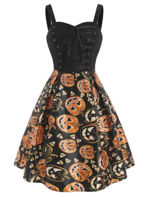 Halloween Pumpkin Lace Up Sweetheart Dress
