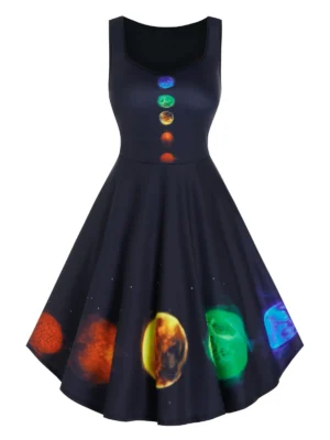 Colorful Planet Print High Waist Mini Sleeveless Dress