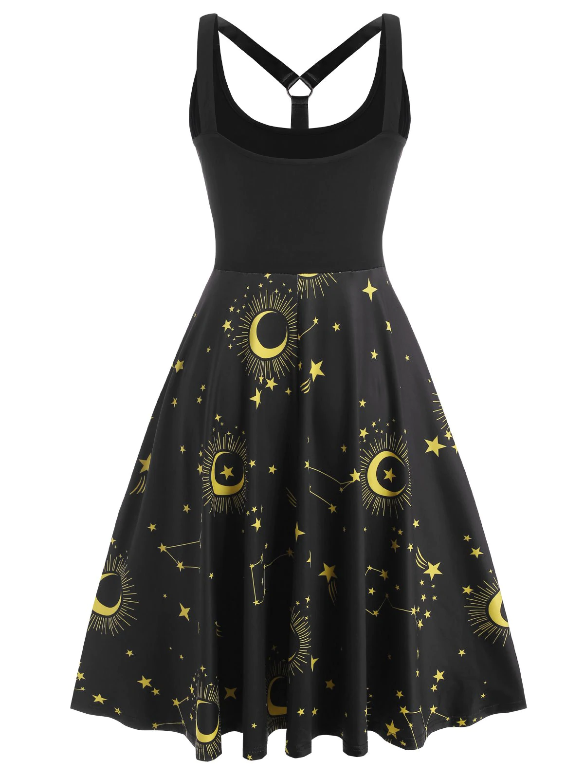 Strappy Back O-ring Star Moon Print Plus Size Dress