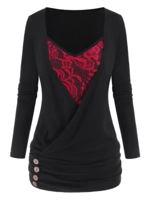 Lace Panel Ruched Detail Surplice Blouson Top