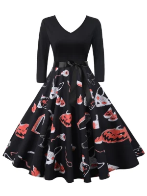 Halloween Pumpkin Flame Spider Web Print Belted Dress