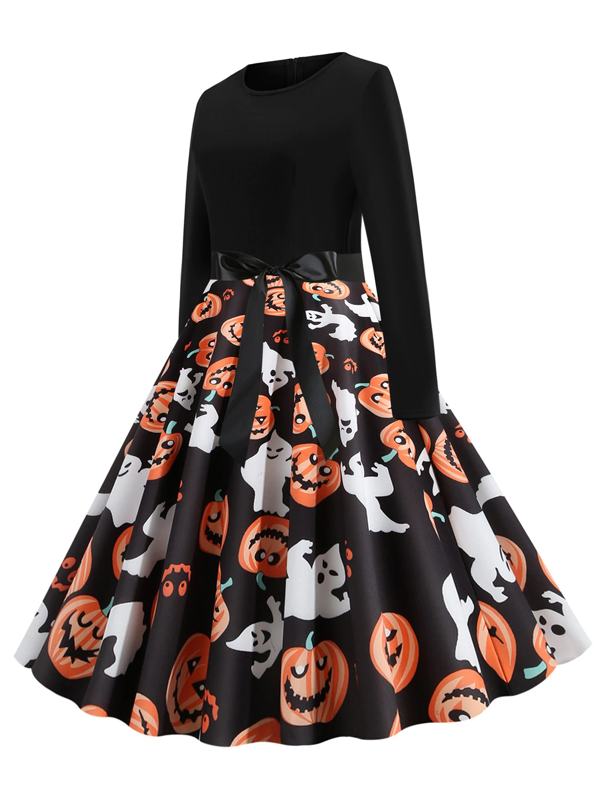 Halloween Pumpkin Long Sleeve Belted Dress