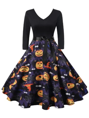 Halloween Pumpkin V Neck Belted Dress