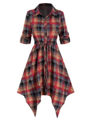 Plaid Print Drawstring Irregular Shirt Dress