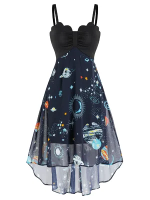 Ruched Star Planet Print High Low Cami Dress