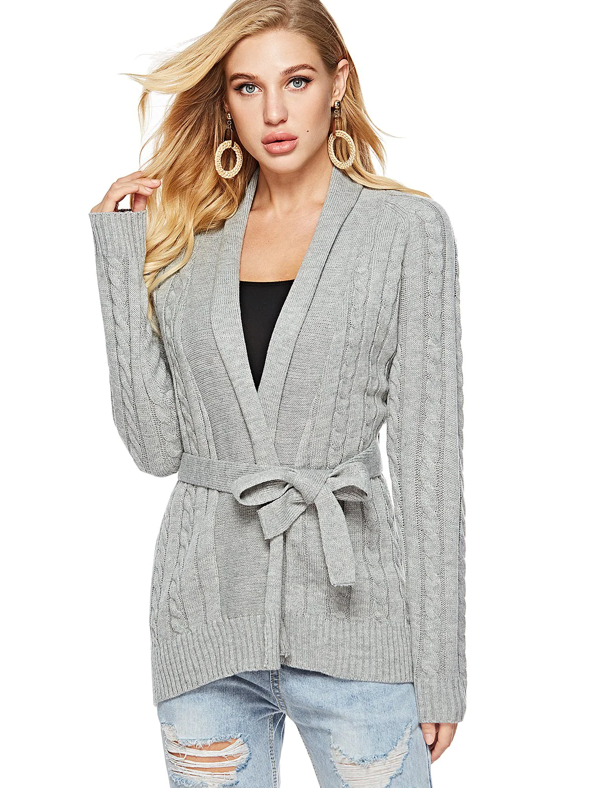 Shawl Collar Belted Cable Knit Cardigan