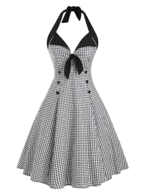 Vintage Plaid Bowknot Mock Button Dress