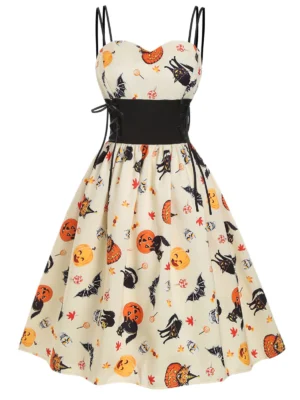 Halloween Pumpkin Bat Skull Print Lace Up Dress
