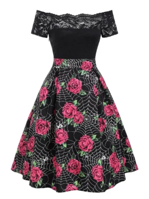 Halloween Spider Web Rose Print Lace Insert Dress