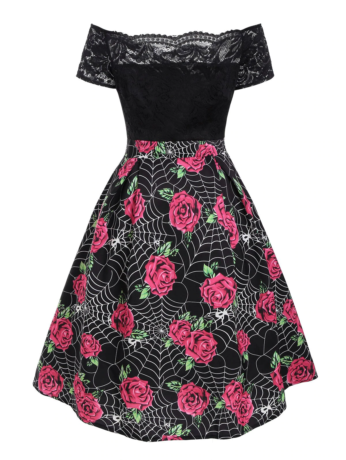 Halloween Spider Web Rose Print Lace Insert Dress