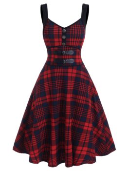 Mock Button Tartan Print Empire Waist Cami Dress