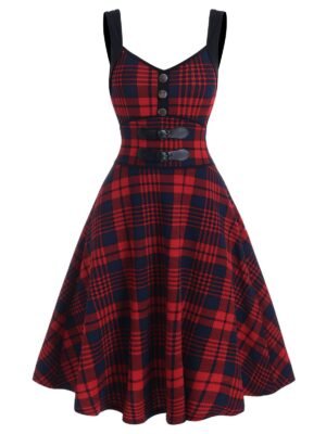 Mock Button Tartan Print Empire Waist Cami Dress