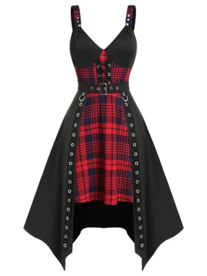 Plus Size Plaid Hanky Hem Grommet Lattice Midi Dress