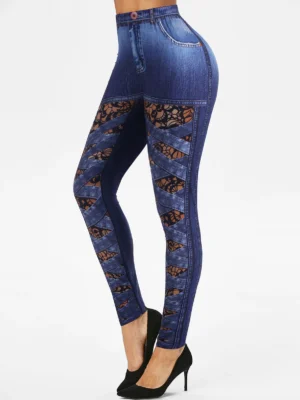 Floral Crisscross Print Faux Denim High Rise Leggings