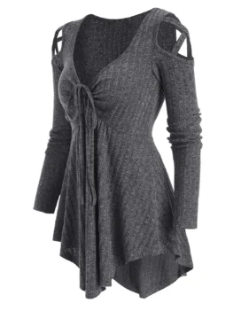 Cold Shoulder Front Drawstring Ribbed Asymmetrical Knitwear