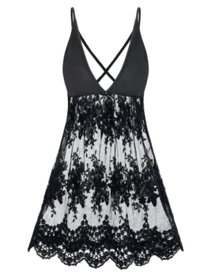 Sexy Lace Insert Scalloped Hem Babydoll Dress