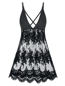 Sexy Lace Insert Scalloped Hem Babydoll Dress