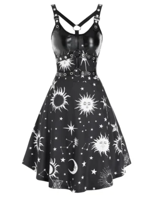 Sun Star Moon Print Harness Leather Insert Cami A Line Dress