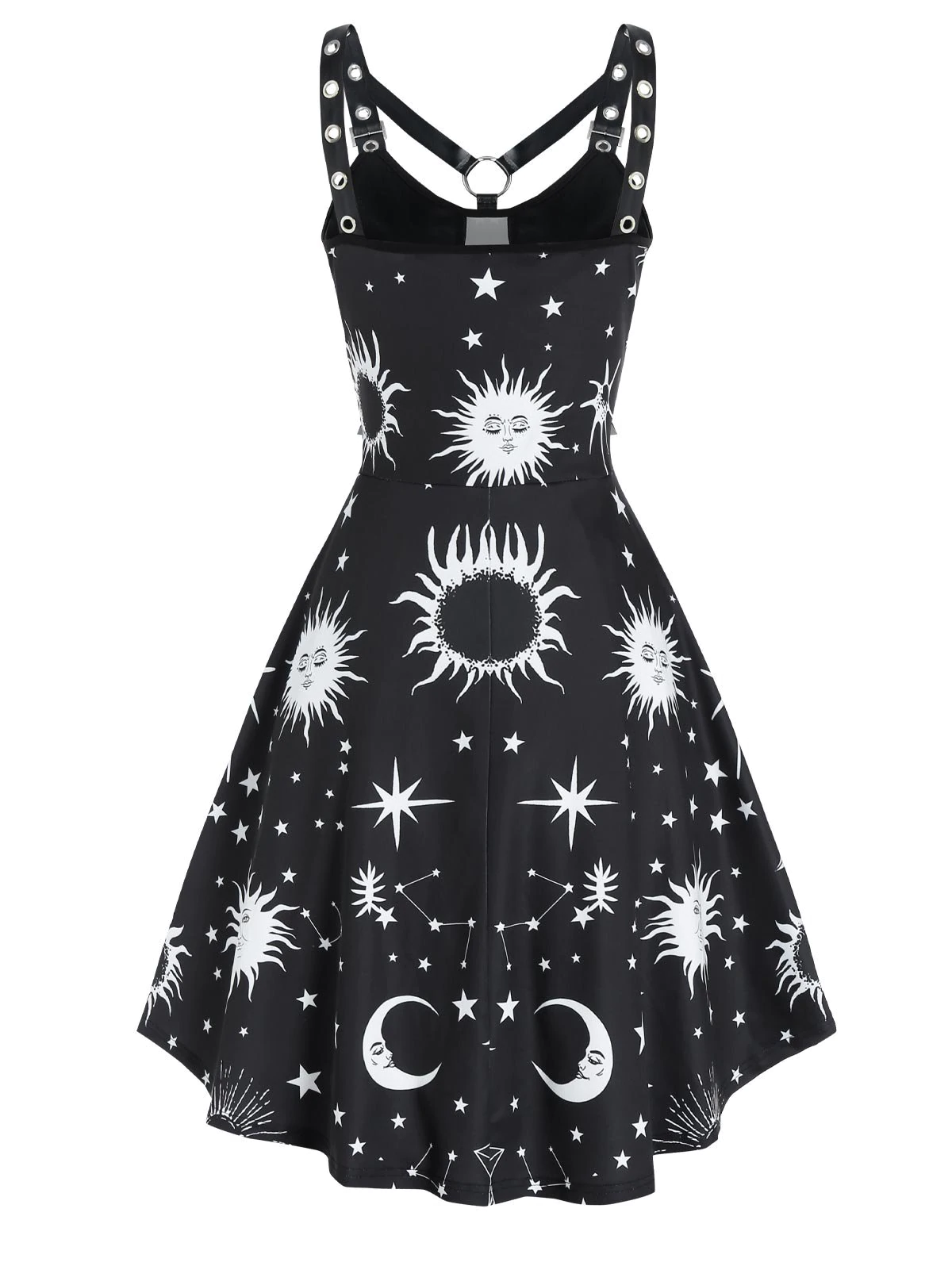 Sun Star Moon Print Harness Leather Insert Cami A Line Dress