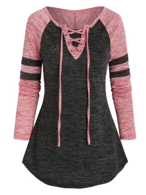 Space Dye Print Raglan Sleeve Lace-up T-shirt