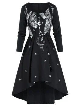 Feather Print Rope Belt Invisible Pocket Dress