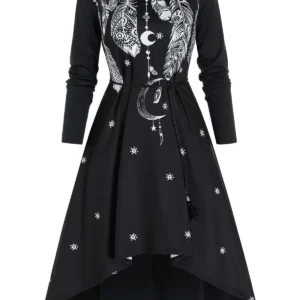 Feather Print Rope Belt Invisible Pocket Dress