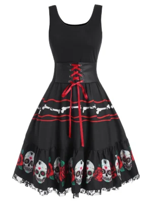 Halloween Skull Flower Corset Lace Insert Dress