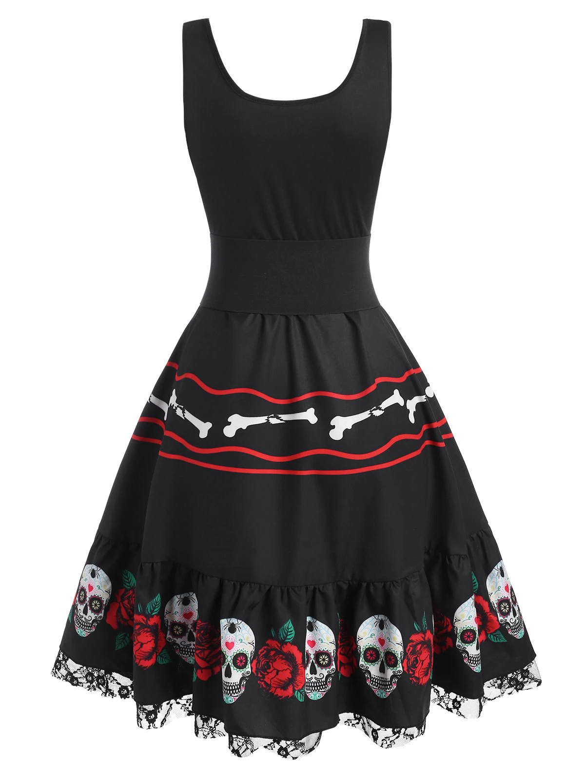 Halloween Skull Flower Corset Lace Insert Dress