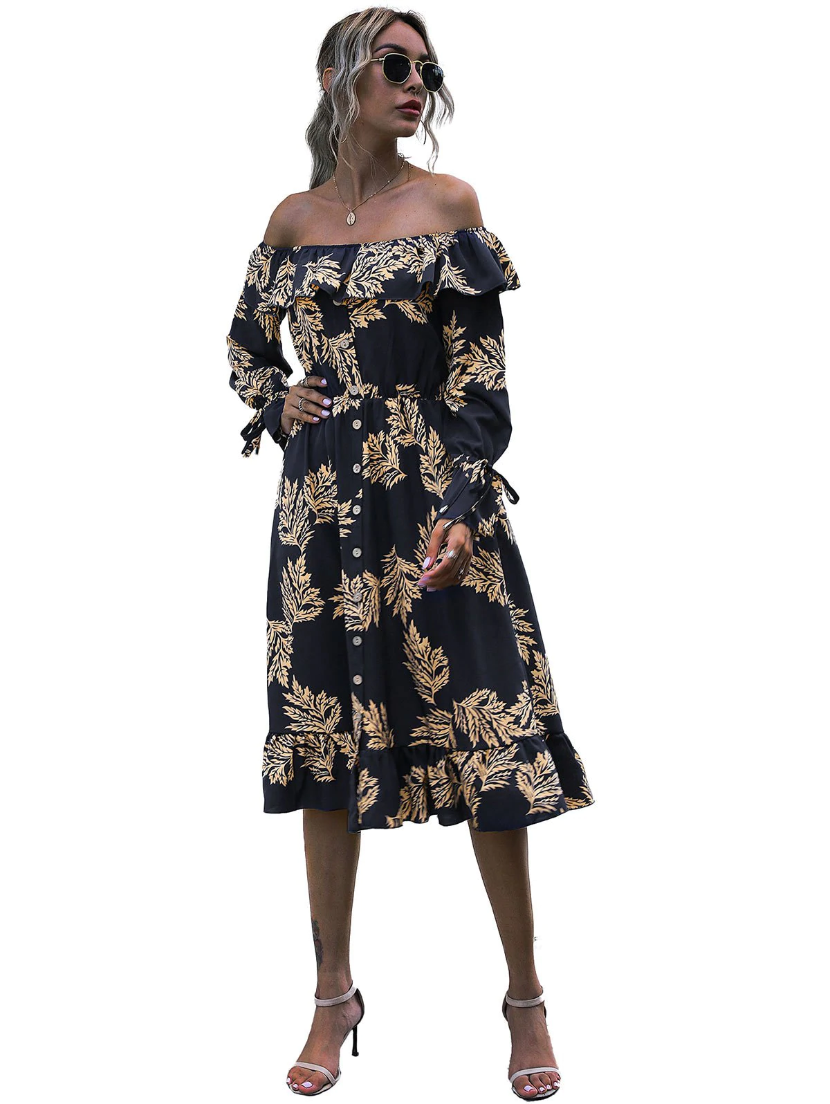 Flounce Off Shoulder Leaf Print Poet Sleeve Dress