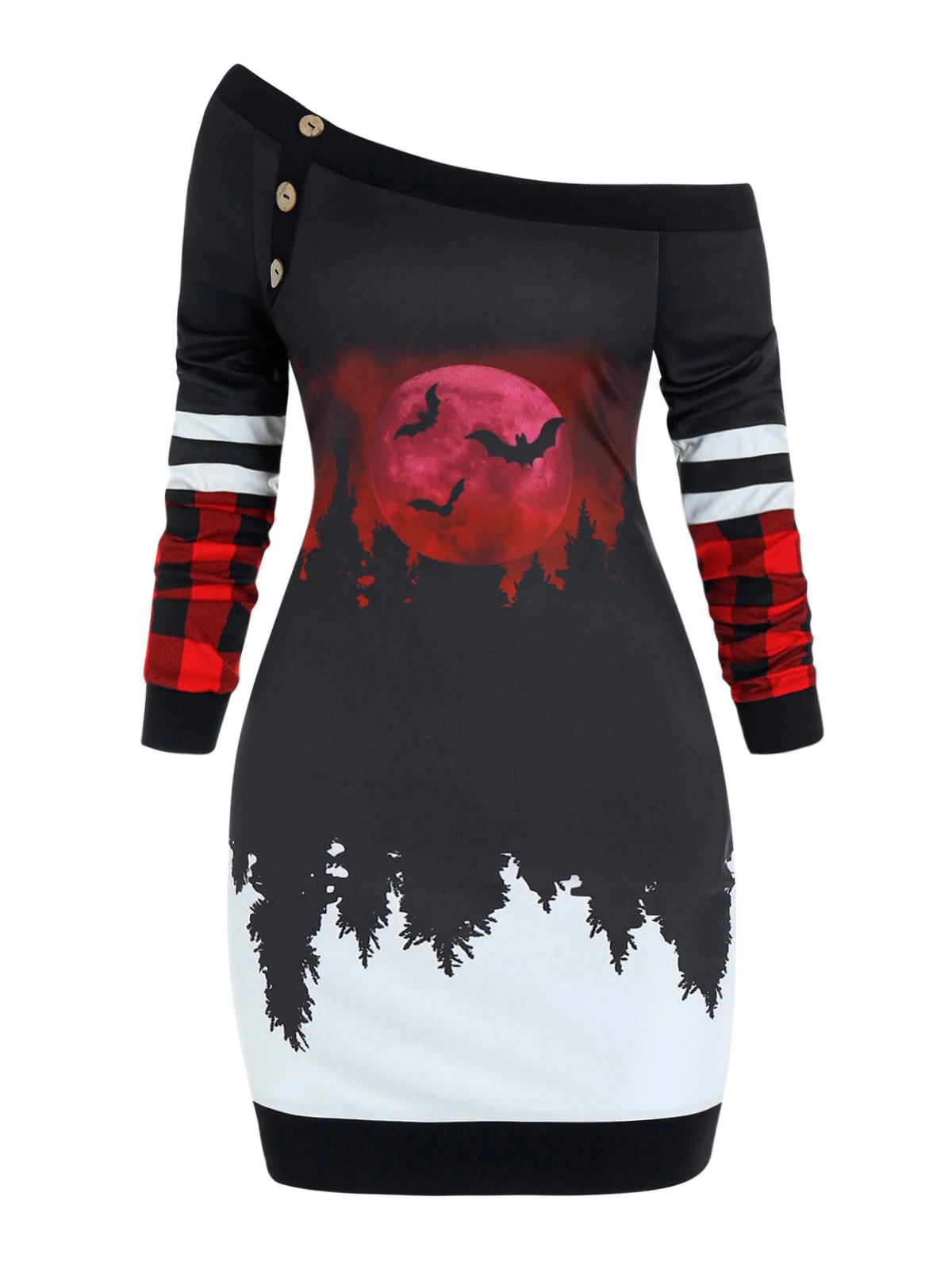 Halloween Moon Forest Plaid Print Skew Neck Sheath Dress