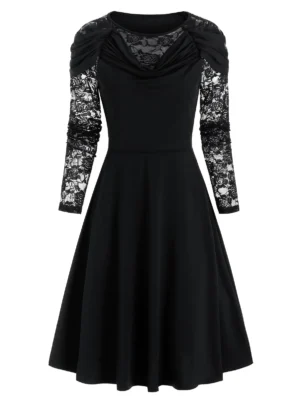 Long Sleeve Flower Lace Insert Draped Dress