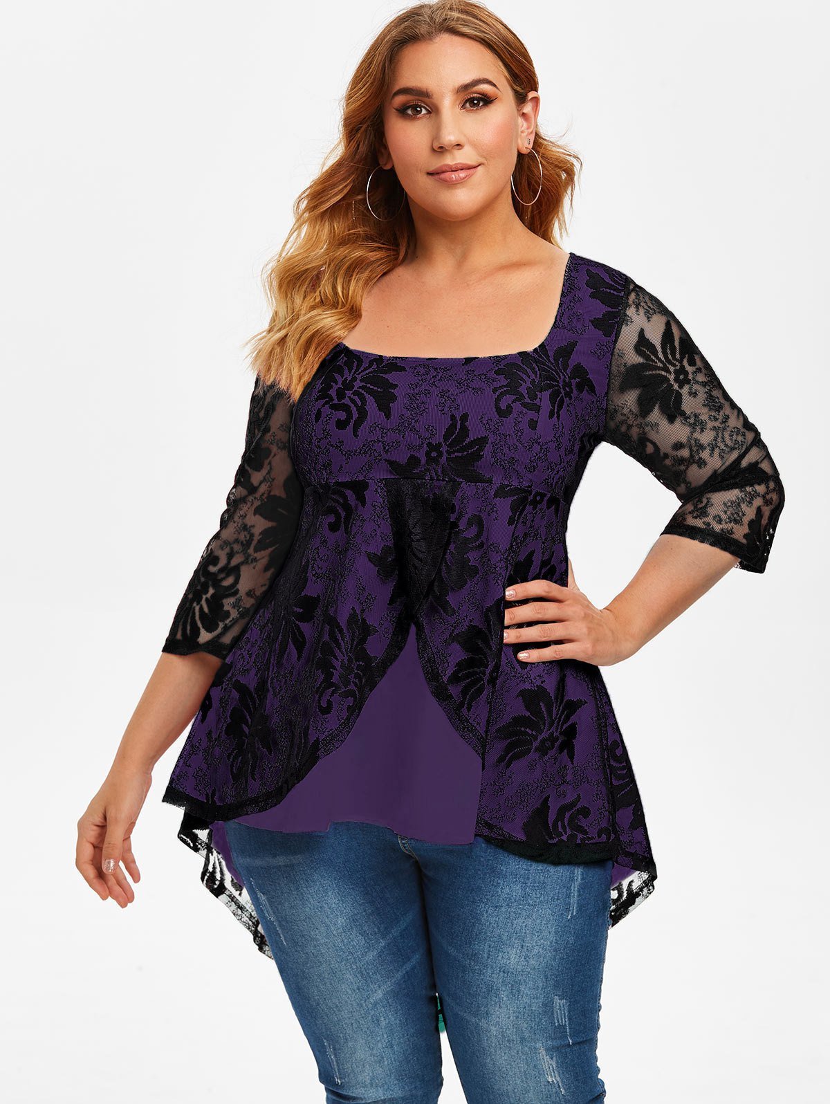 Plus Size Lace Overlay High Low Tail Blouse