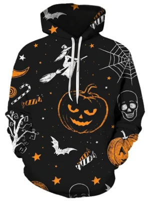 Halloween Starry Pumpkin Pattern Pouch Pocket Casual Hoodie
