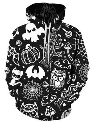 Halloween Owl Pumpkin Print Pullover Drawstring Hoodie