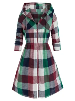 Plus Size Madras Plaid Hooded Zip Up Coat