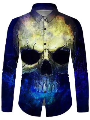 Halloween Skull Print Button Up Long Sleeve Shirt