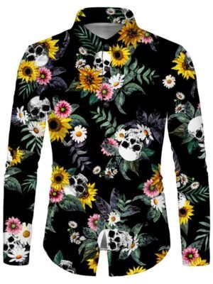 Skull Sunflower Print Button Up Shirt